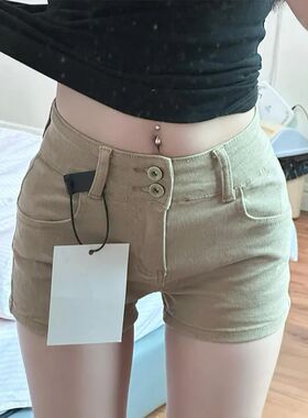 卡其色美式复古牛仔短裤女2025夏季新款紧身显瘦直筒包臀辣妹热裤