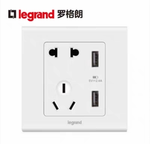 罗格朗开关插座逸典方形玉兰白USB五孔二三插带手机充电口插座86