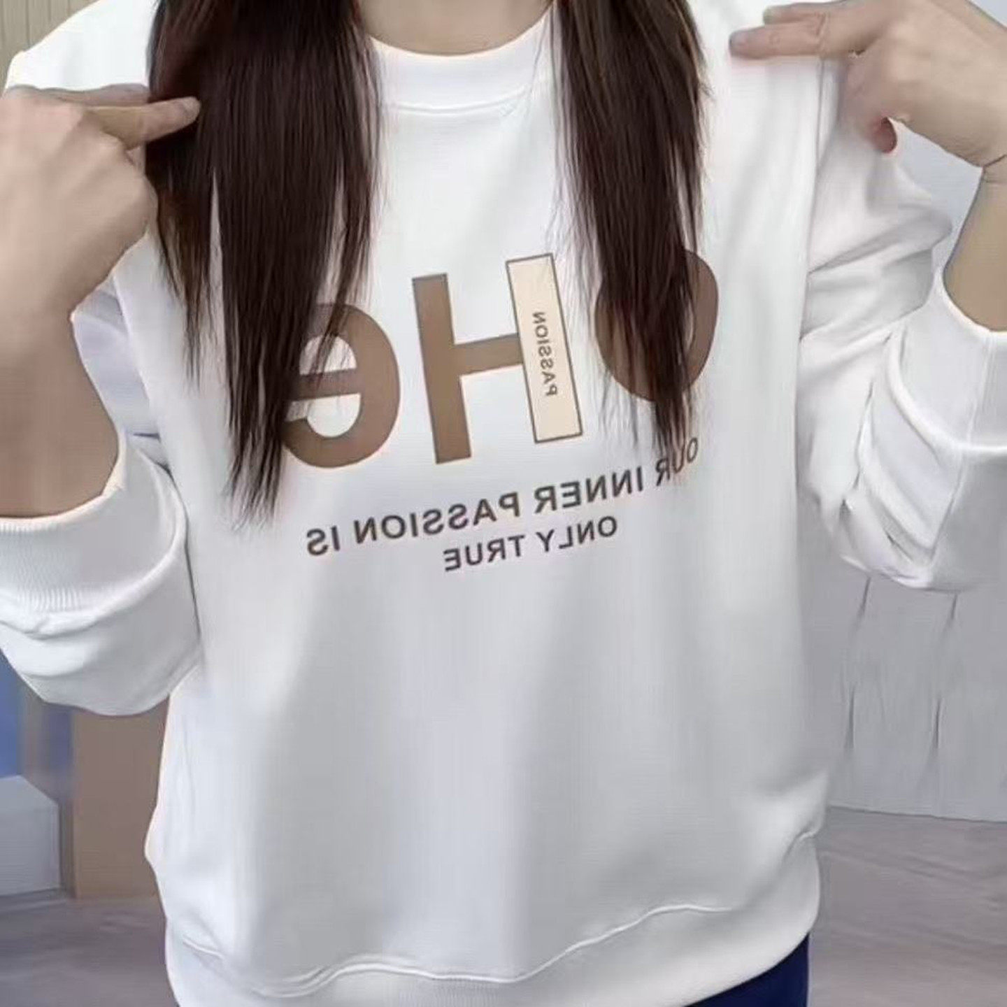 加绒女士圆领卫衣2026韩版新款长袖休闲印花宽松百搭上衣显瘦外套