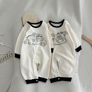 秋季婴儿男童纯棉哈衣宝宝长袖连体爬服睡衣新生0-2岁外穿春秋装