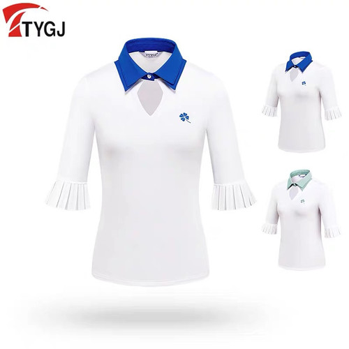 春夏GOLF甜美POLOT恤衫女士短袖运动修身高弹防晒百褶袖上衣服装