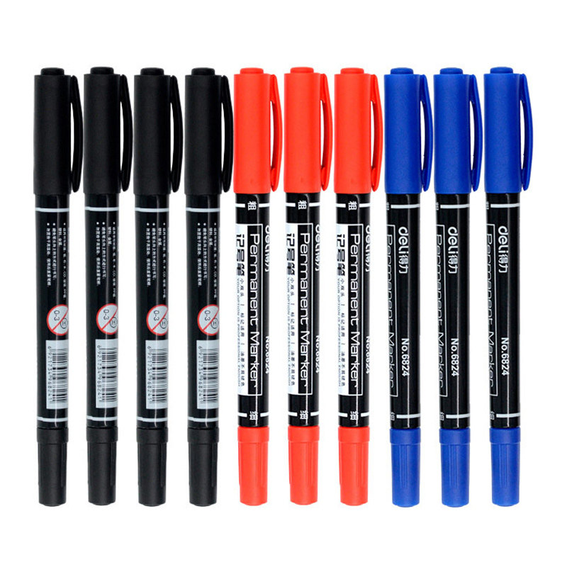 得力6824双头记号笔勾线笔黑色油性笔小头细头美术生用马克笔儿童