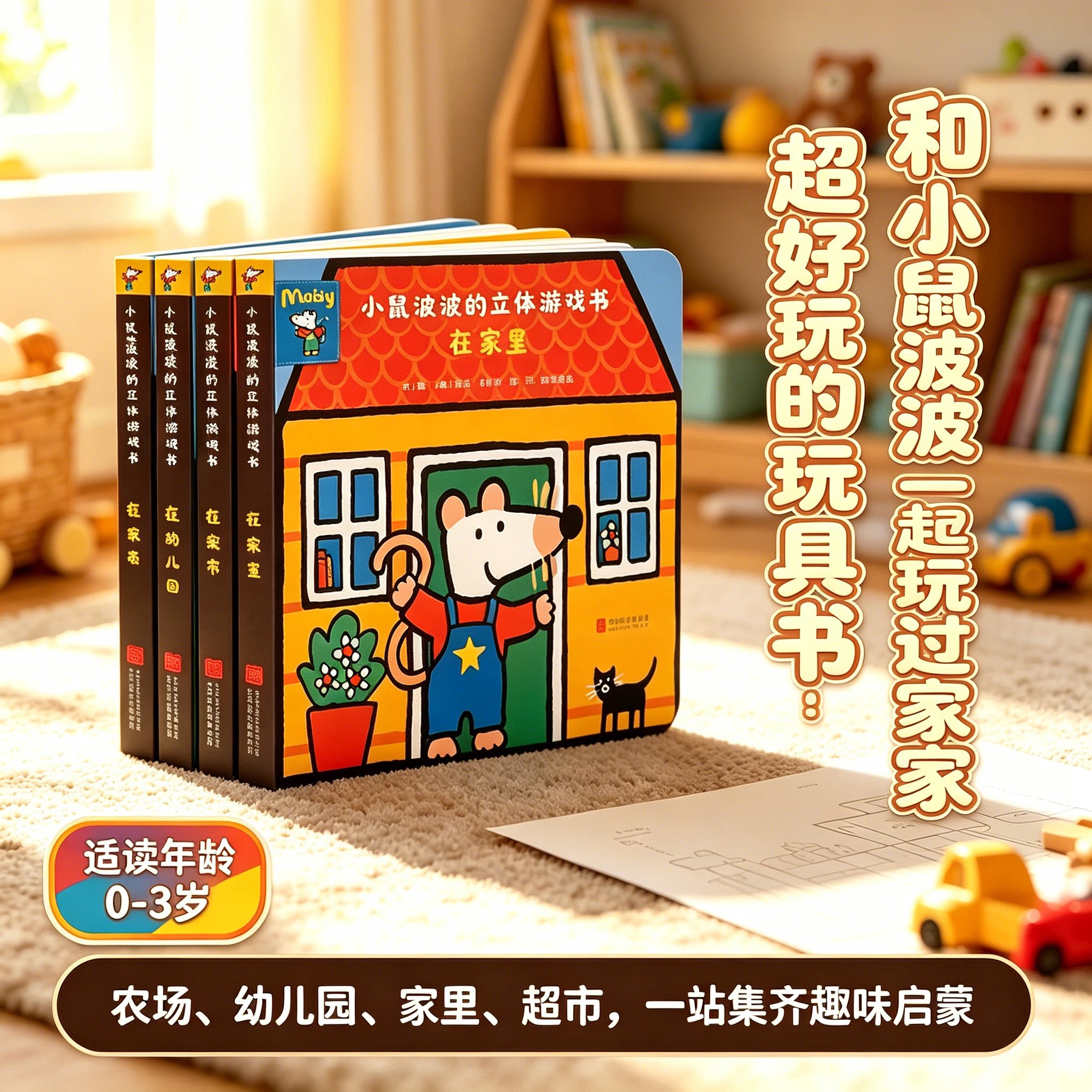 小鼠波波的立体游戏书系列绘本共4册 家里+超市+幼儿园+农场露西&middot;卡曾斯超好玩的玩具书0-3岁益智立体游戏屋一起过家家中文版