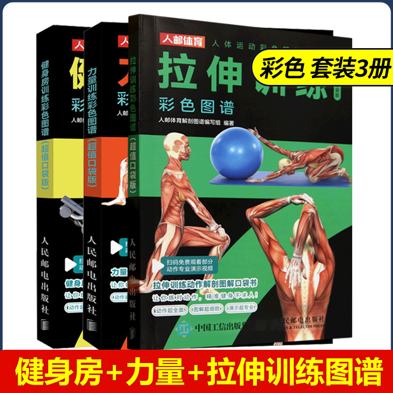 全3册 健身房训练+力量训练+拉伸训练彩色图谱 口袋版 健身书籍 健身训练计划 增肌书籍 力量与肌肉训练图谱 力量训练书籍