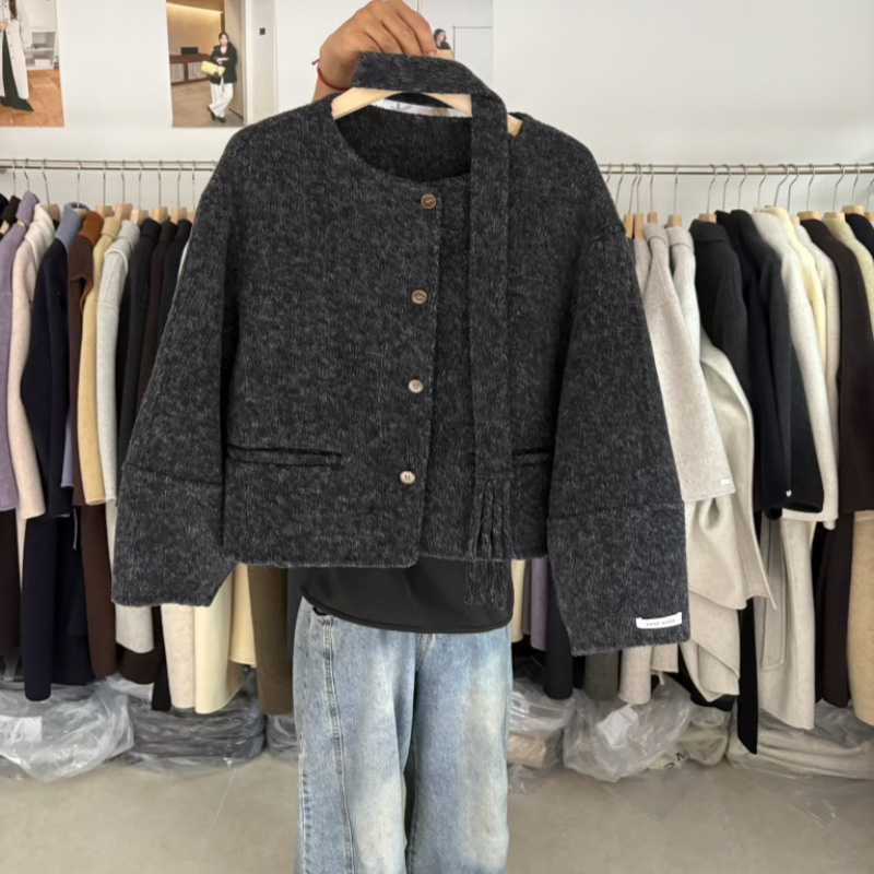 韩版2025秋冬新款飘带气质百搭羊毛外套韩系双面羊绒大衣小个子
