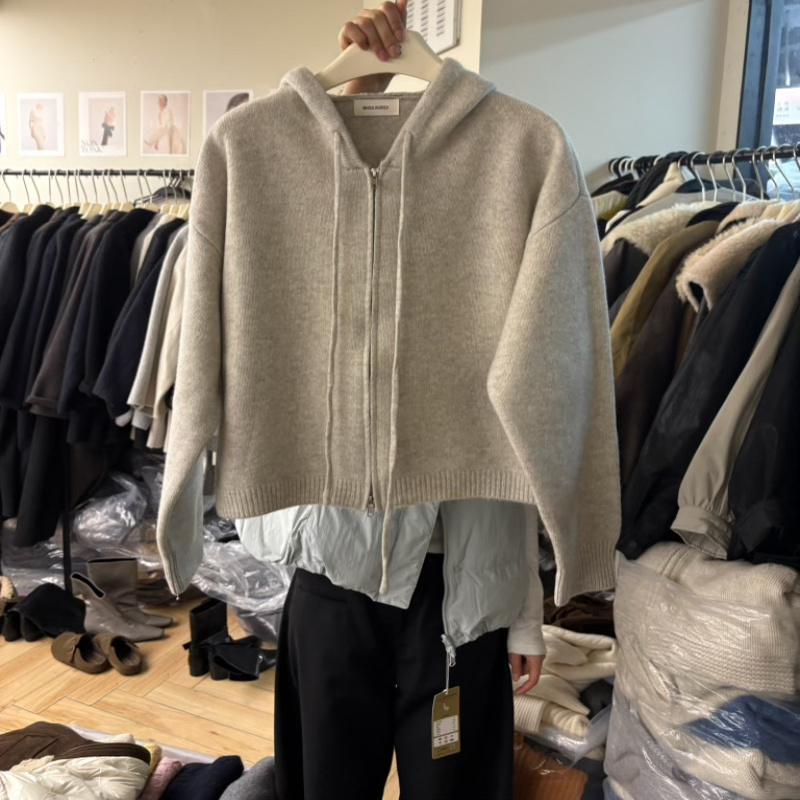 韩版100％羊毛拉链连帽针织开衫秋冬新款加厚宽松短款毛衣女