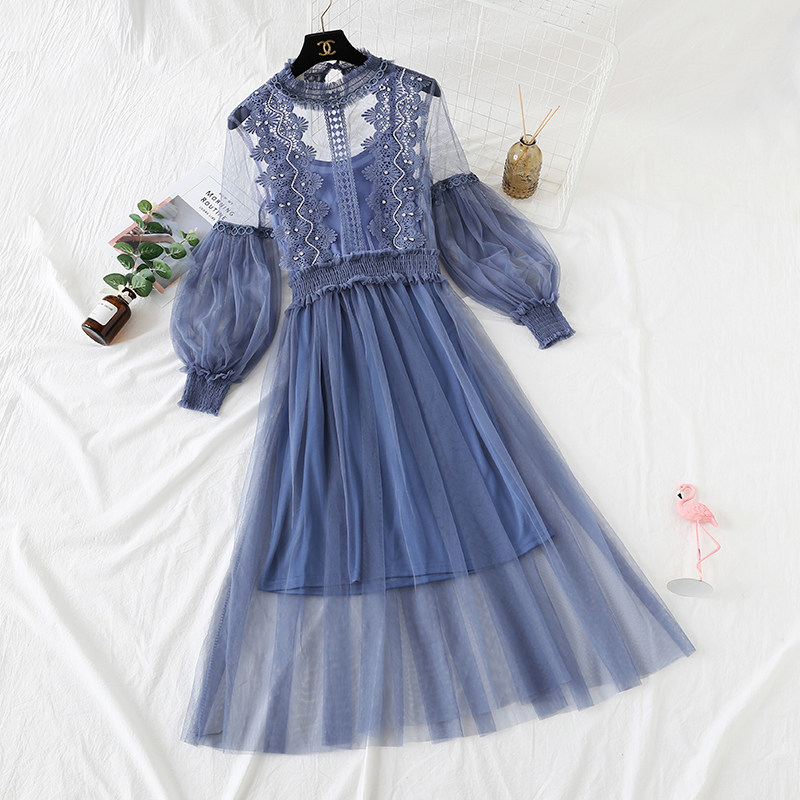 春装2020新款仙女长袖水钻钉珠蕾丝网纱连衣裙灯笼袖吊带裙两件套|msdalam kategori Butik wanita / wanita, pakaian - dari Buy2taobao.com untuk memberikan perkhidmatan ejen Taobao profesional membeli