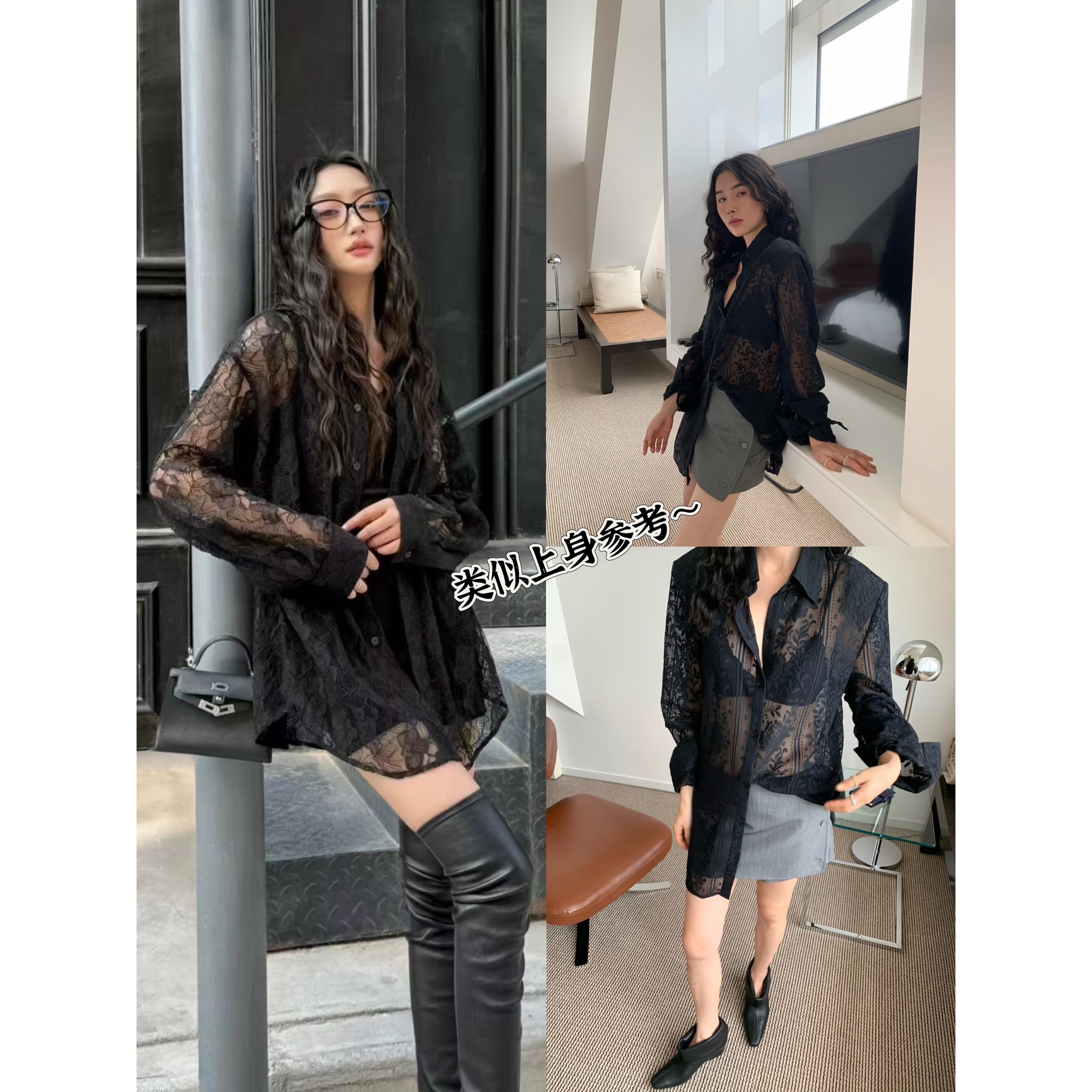出口单捡漏！秋季女士氛围感镂空蕾丝钩花精致宝石扣翻领长袖衬衫
