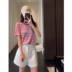 撤柜捡漏！岛国冰丝亚麻 夏季女士复古松弛海魂条纹针织衫短袖T恤