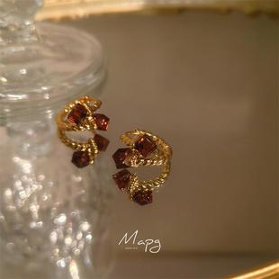 MAPG巴洛克复古麻花扭曲方糖水晶耳环红咖色轻奢气质高级感耳钉扣