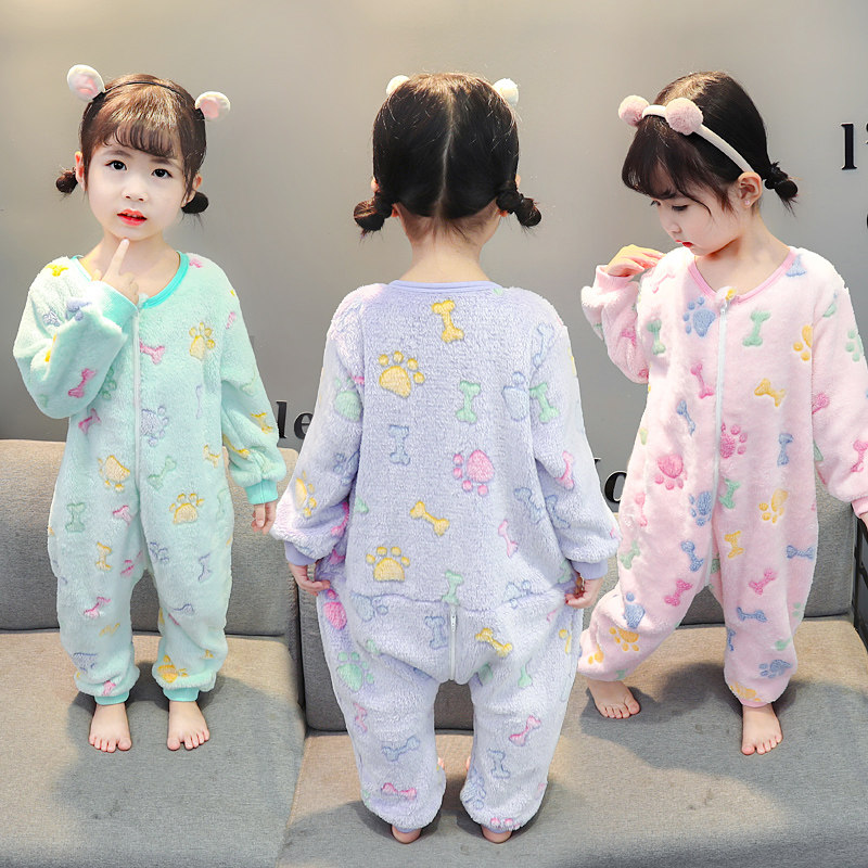 CHILDRENS JUMPSUIT SPRING AND AUTUMN PAJAMAS THICKENED FLANNEL BABY SLEEPING BAG AUTUMN AND WINTER FEMALE BABY CORAL FLEECE ROMPER GIRL