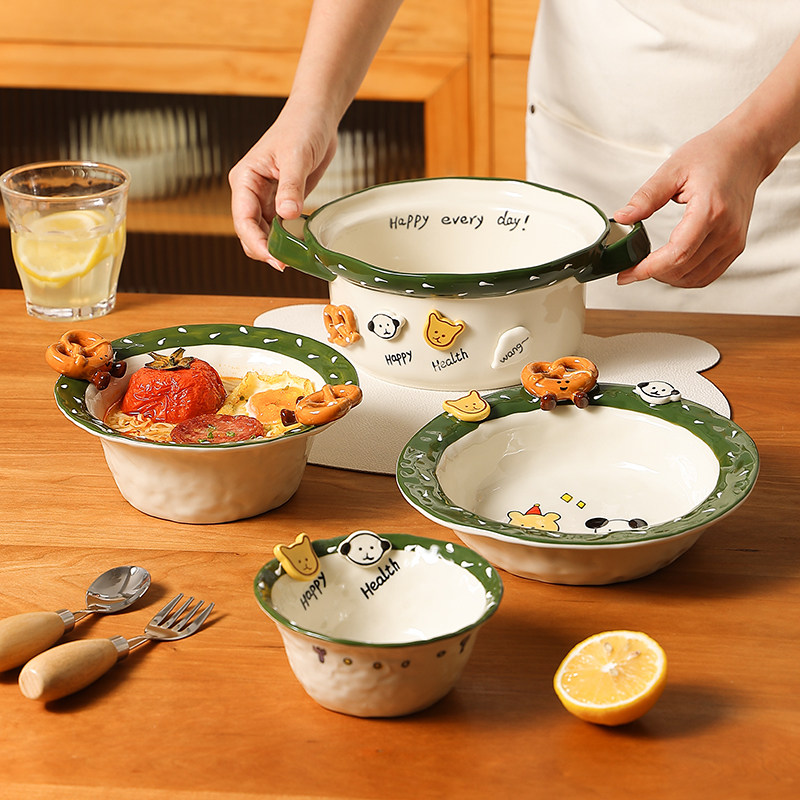 纽扣小狗浮雕餐具陶瓷盘子可爱米饭碗双耳汤碗家用炒菜盘子沙拉碗