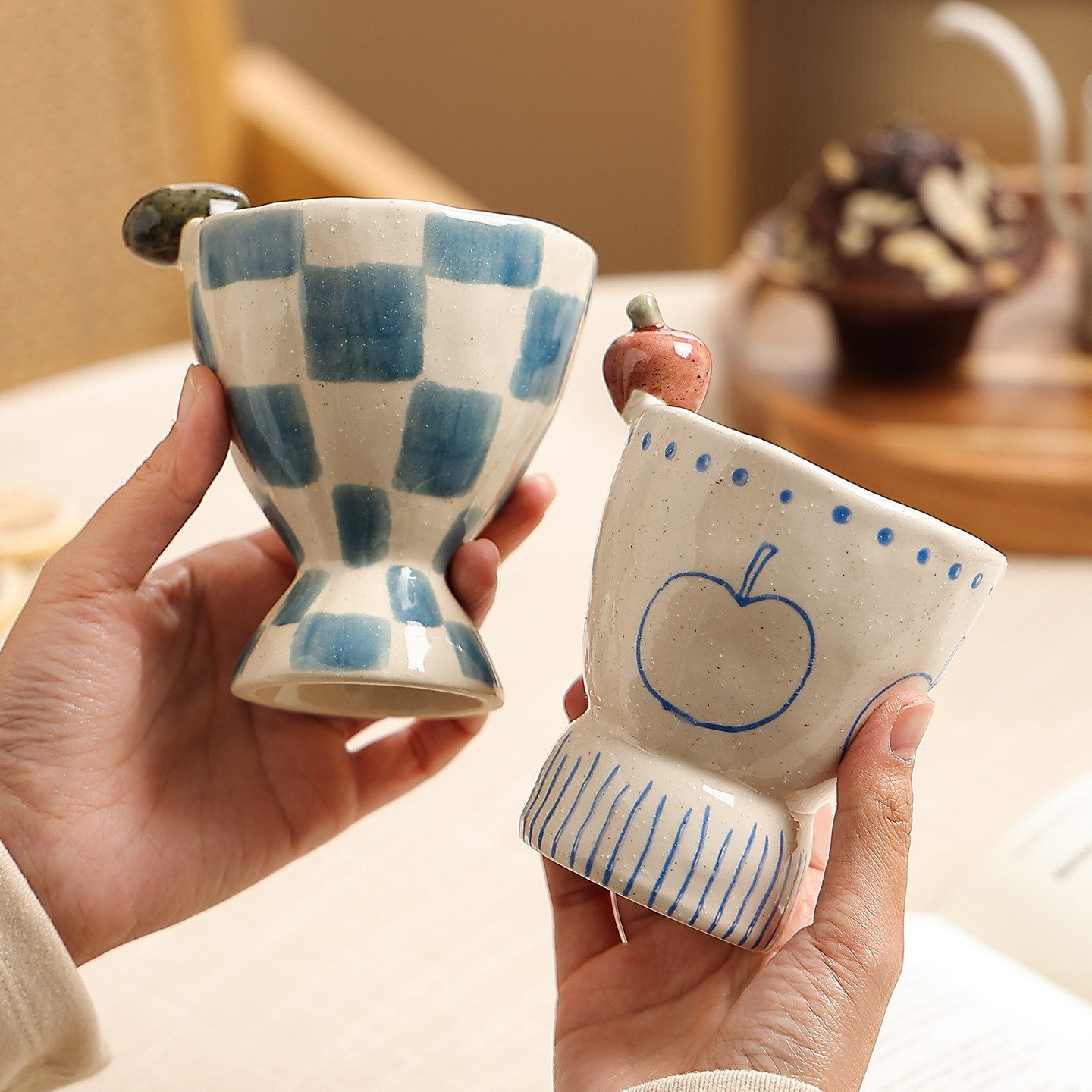 鹿谷川陶瓷杯子家用高颜值高脚杯手握杯可爱咖啡杯果汁杯喝水杯子