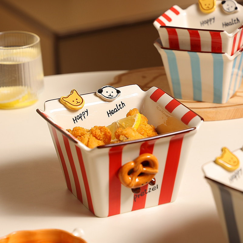 纽扣小狗爆米花碗釉下彩小吃零食陶瓷薯条碗女士专用早餐碗酸奶碗