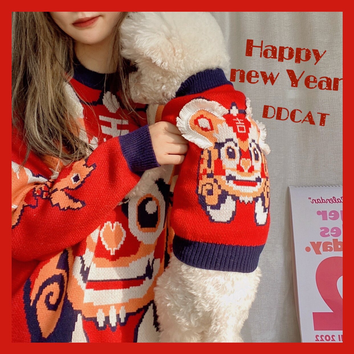袋袋猫吉祥物~喜庆猫咪招财红色宠物毛衣 比熊冬季狗新年可爱衣服