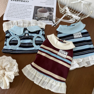 袋袋猫 小狗约克夏比熊春夏衣服 miu系条纹polo宠物背心连衣裙