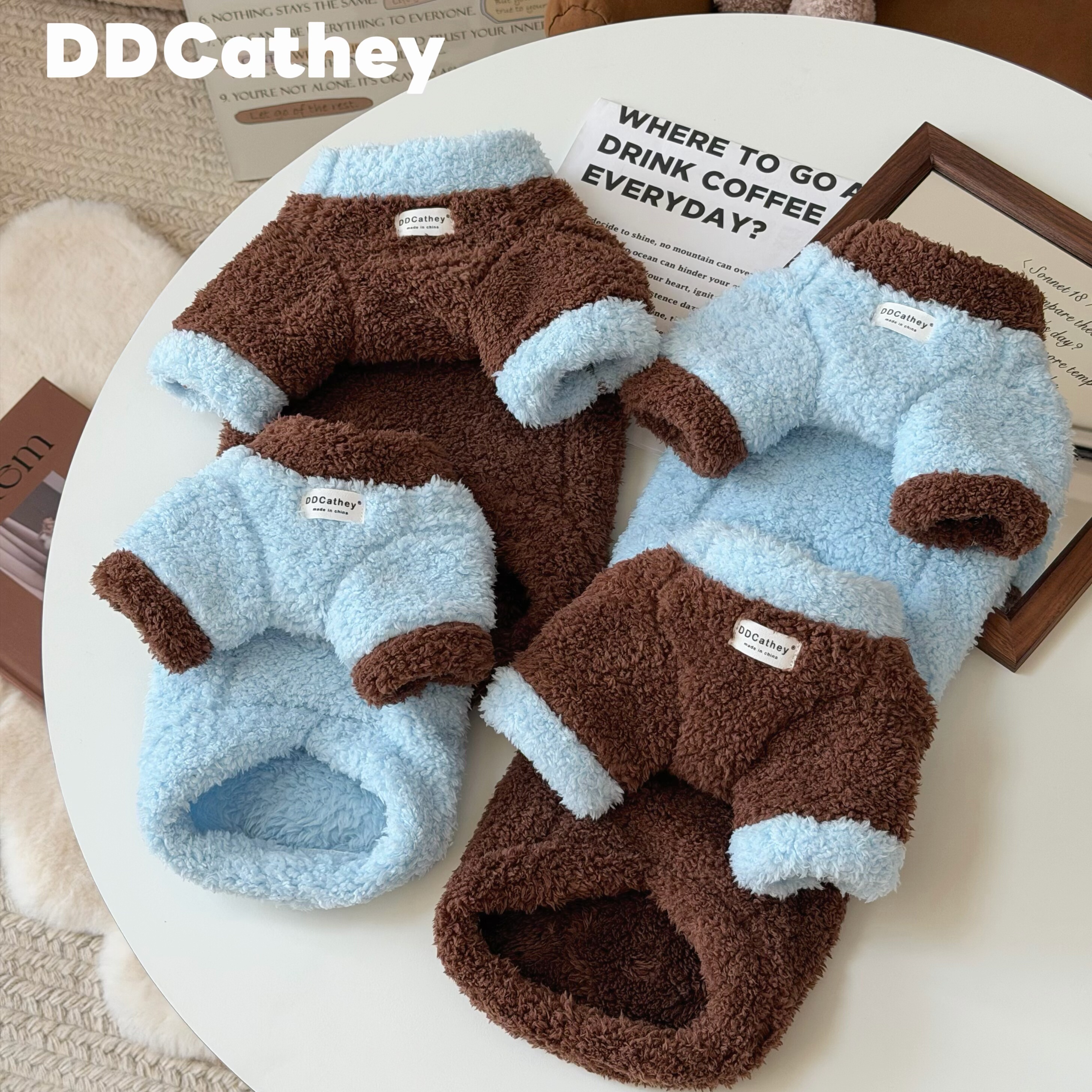 袋袋猫 奶蓝咖啡云朵双面毛绒宠物冬保暖棉衣约克夏德文小狗衣服