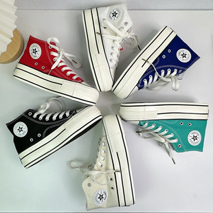 2026春夏新款 百搭宝蓝大红色高帮帆布鞋 女厚底增高4CM松糕鞋 韩版