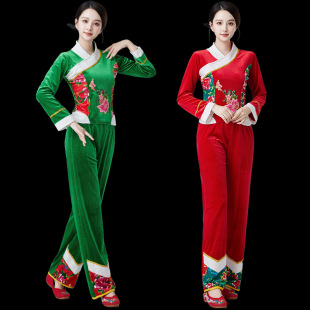 金丝绒广场舞套装 冬季 喜庆民族风舞蹈服装 秧歌服演出服女2024新款