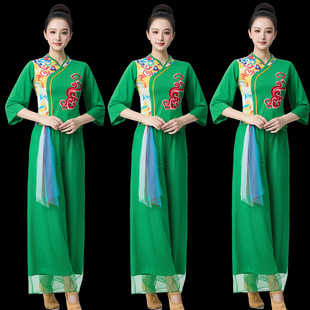 民族风秧歌网新款 女春夏扇子舞喇叭袖 古典演出 套装 广场舞纱裙服装