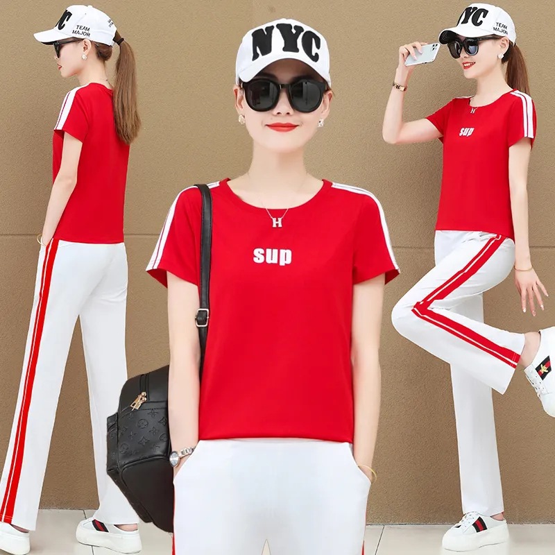运动短袖套装女夏季新款大码洋气休闲阔腿裤两件套广场舞服时尚