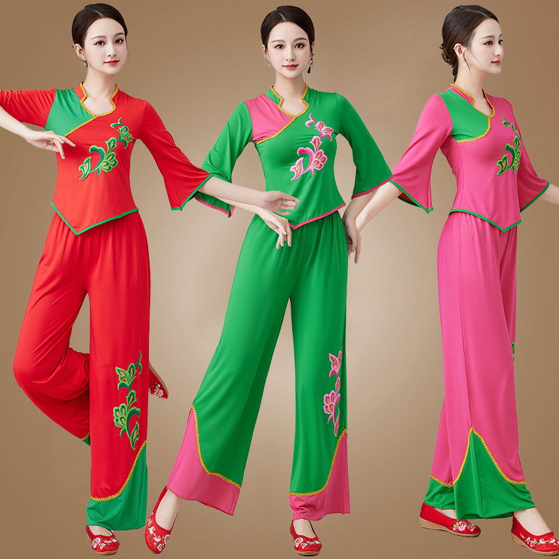 弹性广场舞服装新款套装女立领民族风扇子舞秧歌服团体表演演出服
