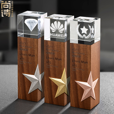 五角星木质高端奖杯定制定做水晶实木创意刻字志愿者荣誉员工颁奖