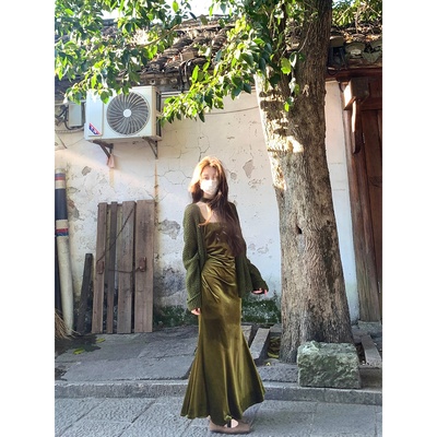 森系曳地 【现货】2025丝绒鱼尾裙女气质连衣裙a字长裙子