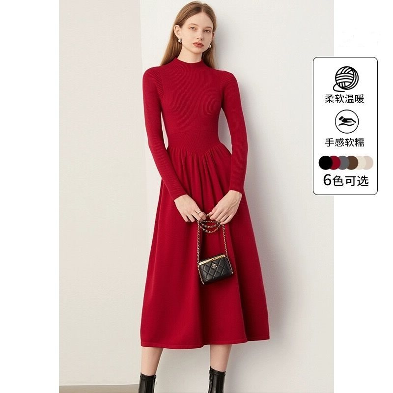 【惠品】2026年春季气质长裙红色连衣裙女长款针织裙子长袖
