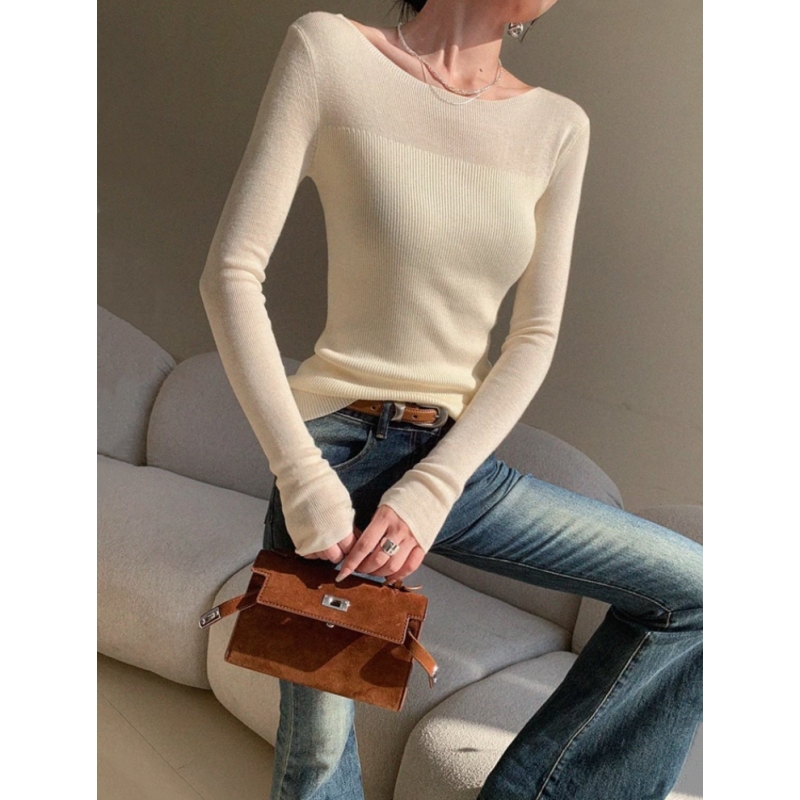 酒窝米色长袖针织衫女秋冬2025修身显瘦设计感打底衫上衣