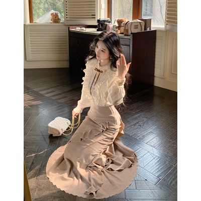 旧梦庄园 法式千金感加绒款衬衫+设计感不规则鱼尾半身裙