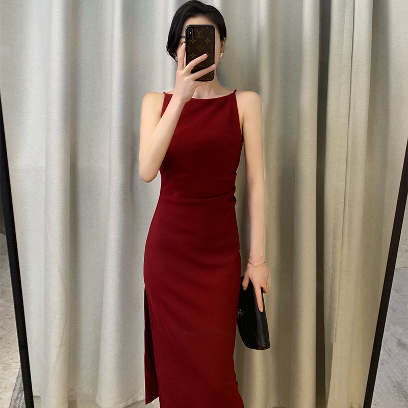 优雅订婚礼服吊带纯欲红色裙子