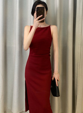 优雅订婚礼服吊带纯欲红色裙子