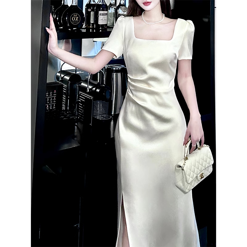 【知白】法式白色短袖连衣裙气质订婚礼服缎面高级感长裙