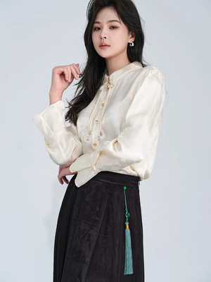 提花缎面衬衫贞松劲柏宫廷风扭结