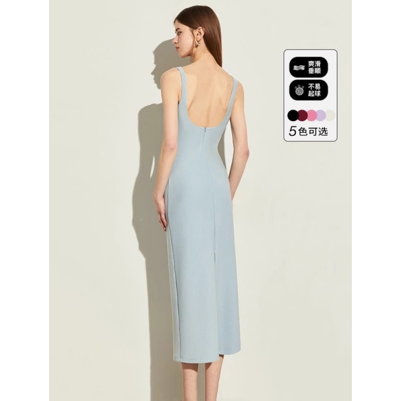 2025年夏季新款气质法式蓝色印花收腰露背长裙连衣裙吊带裙女
