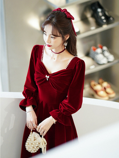 酒红色回门结婚订婚礼服连衣裙便装 秋冬季 敬酒服新娘2024新款 长袖