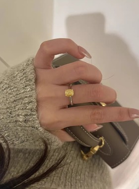 S925纯银！枕形切割招财黄钻纯银戒指高碳钻富家千金钻戒小众轻奢
