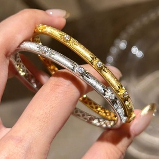 S925纯银 美学星云拉丝手镯雕花镶钻复古风轻奢小众纯银手镯 意式