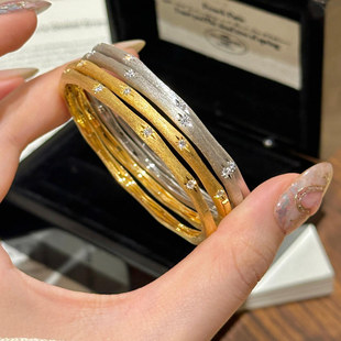 复古风轻奢 美学素圈镶钻断面拉丝窄版 S925纯银 缎带星芒手镯意式