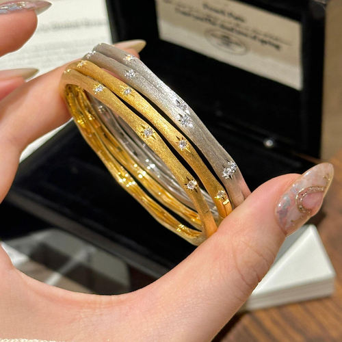 S925纯银！缎带星芒手镯意式美学素圈镶钻断面拉丝窄版复古风轻奢