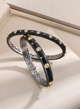 S925纯银！黑金镶钻手镯意大利拉丝轻奢女款时尚复古开口宫廷风