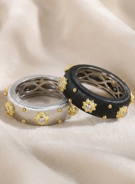 S925纯银！黑金戒指白金戒指宽版复古轻奢高级感小众设计纯银戒指