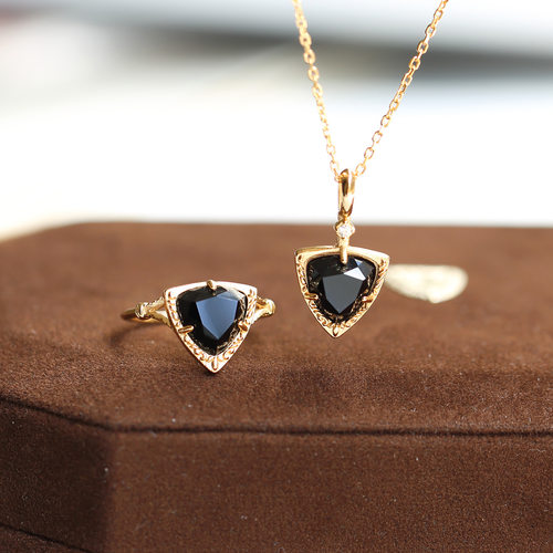 S925纯银！黑玛瑙镂空项链戒指三角形日系轻奢 生辰石吊坠