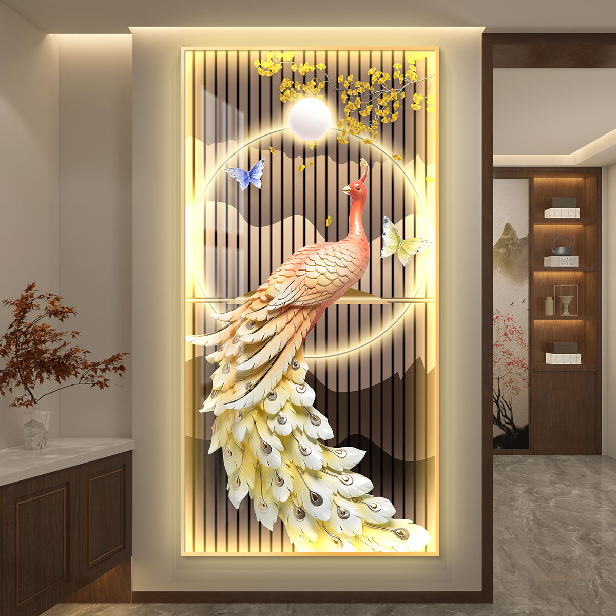 led带灯孔雀轻奢入户玄关装饰画走廊过道挂画壁画简约现代高级感图片