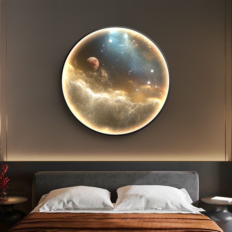 轻奢圆形卧室床头装饰画宇宙星空发光灯画餐厅玄关LED氛围灯挂画图片