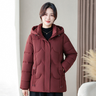 妈妈冬装羽绒棉服中老年女连帽洋气外套中长款中年人加厚保暖棉衣