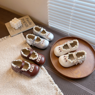 女童小皮鞋 女孩蕾丝边公主鞋 花朵浅口宝宝百搭休闲鞋 2026春秋新款