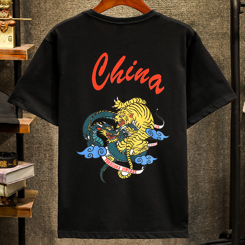 印花t恤男士国潮短袖宽松潮牌图案夏季龙虎青年圆领半截袖上衣服
