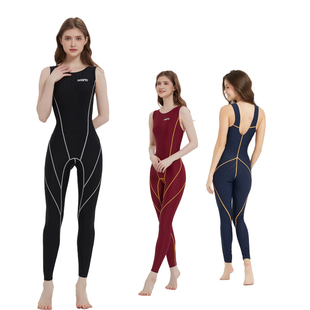 专业连体泳衣竞速训练速干泳装女无袖长腿低阻鱼鳞游泳酒红含垫款